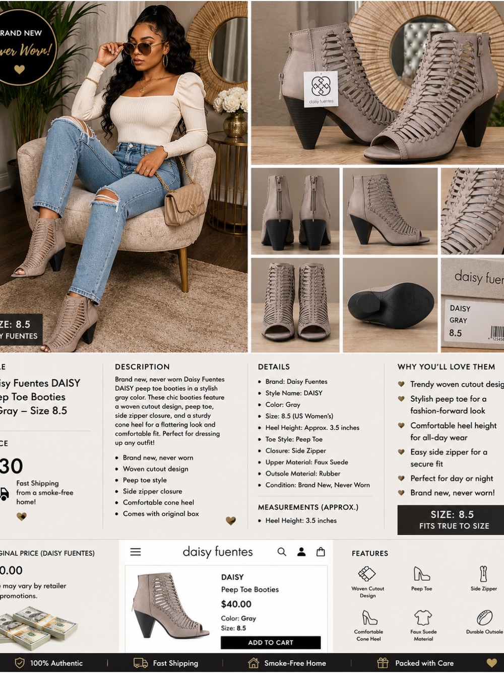 Daisy Fuentes Gray Woven Peep-Toe Heeled Booties